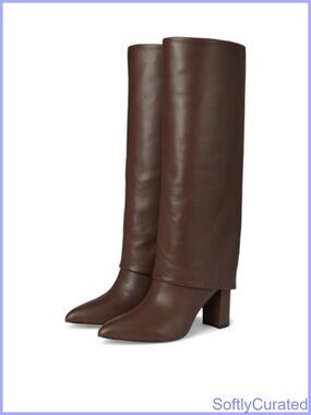 Leather Knee-High Fold Over Block Heel Pointy Toe Dress Boots